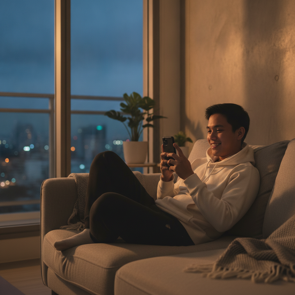 Filipino player holding smartphone ready to register and play online casino games